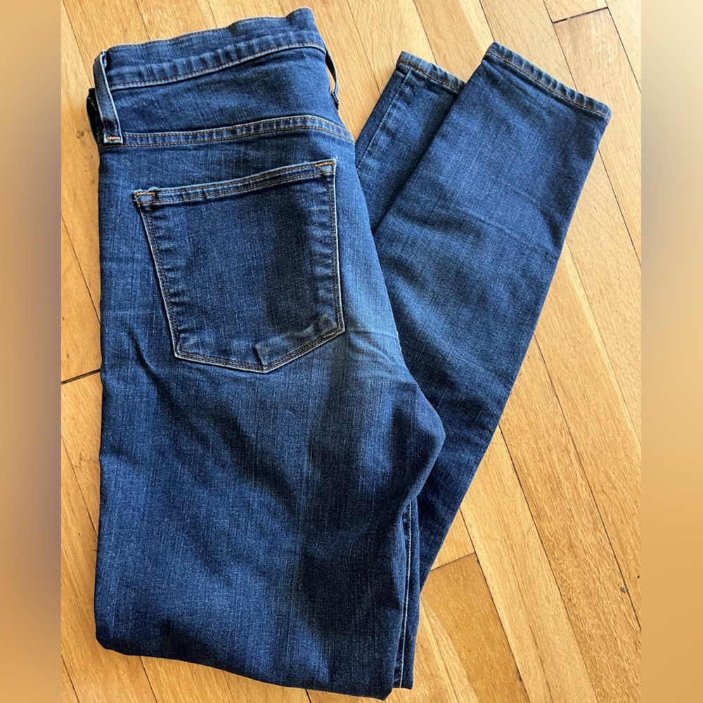 JCrew 9” high rise toothpick denim.